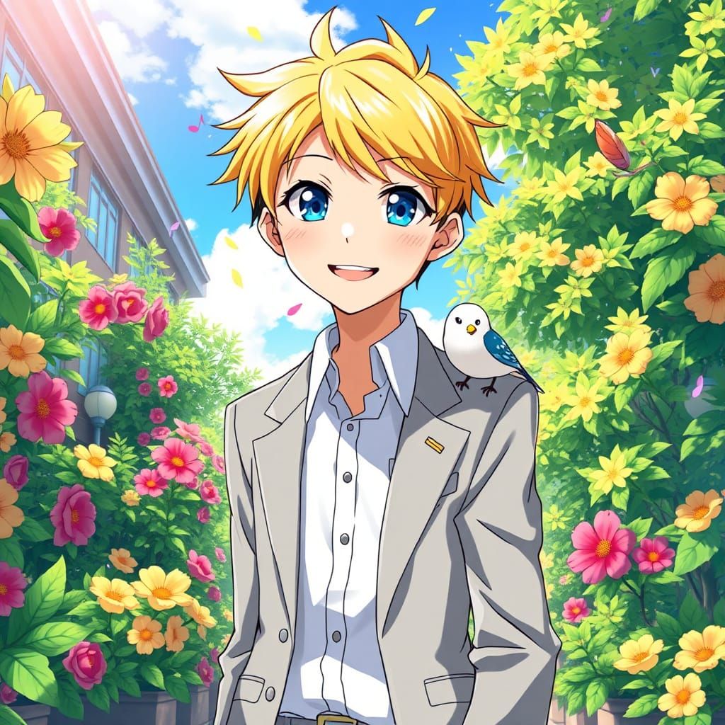 Anime Boy with Bird in School Courtyard