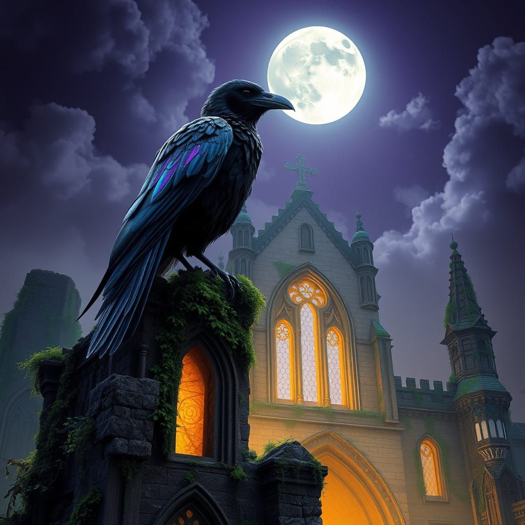 Majestic Raven Dominates Ruined Cathedral in Dark Fantasy Sc...