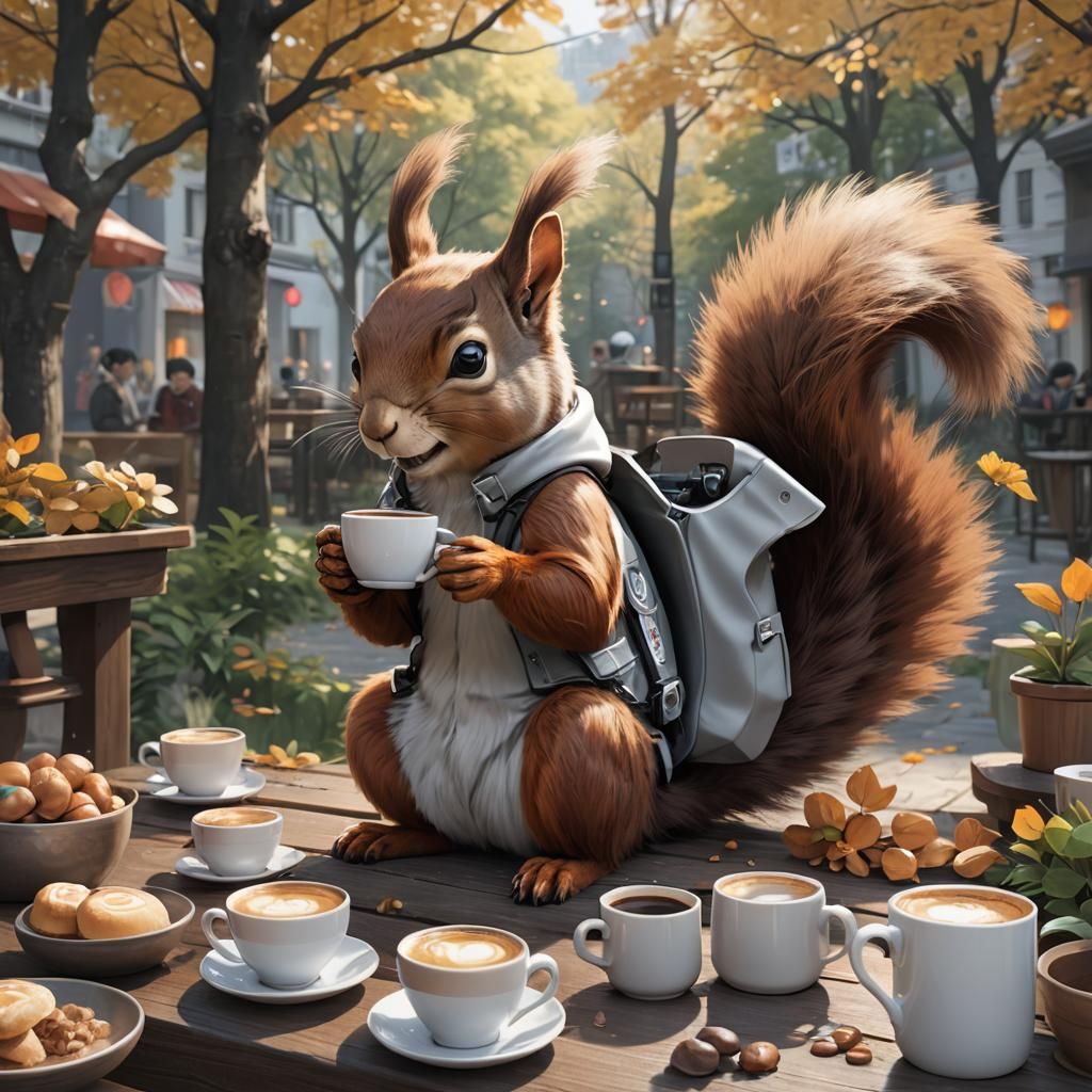 Squirrel Sipping Coffee: 3D Anime Art