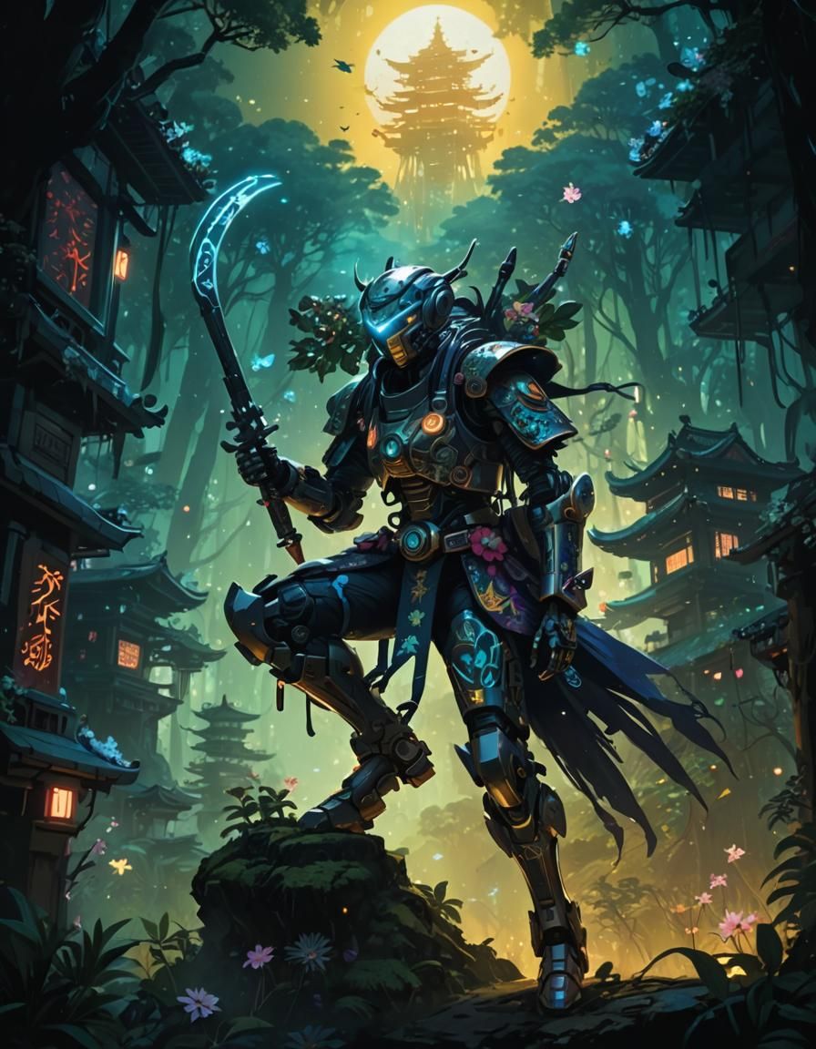 Clockwork Ninja Girl in Bioluminescent Forest: Anime Art