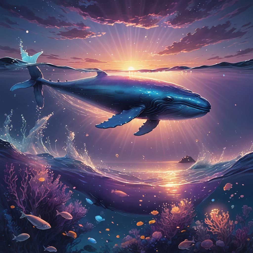 Glowing Glass Whale in Magical Ocean: Magical Realism