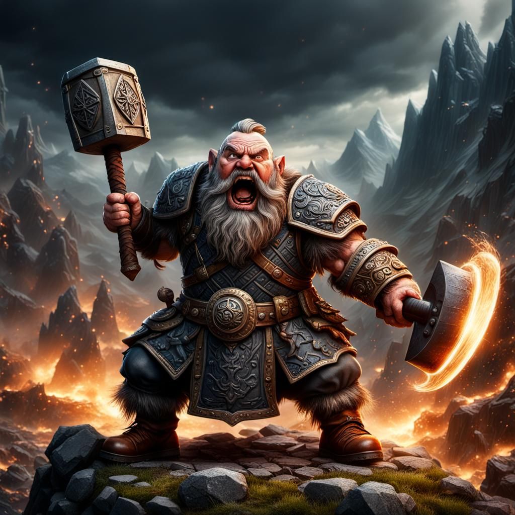 Furious Dwarf Warrior with War Hammer
