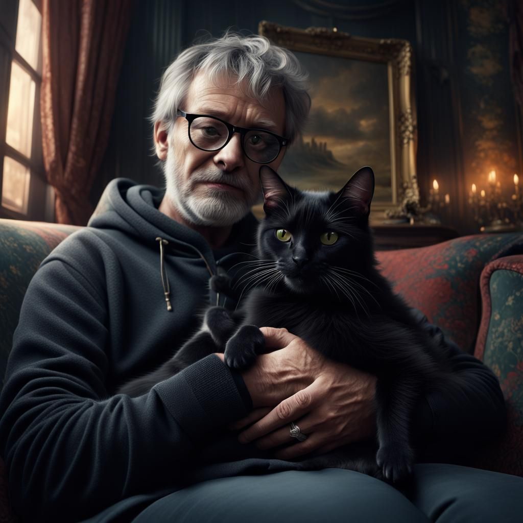 Adorable Black Cat Relaxing on Owner's Lap