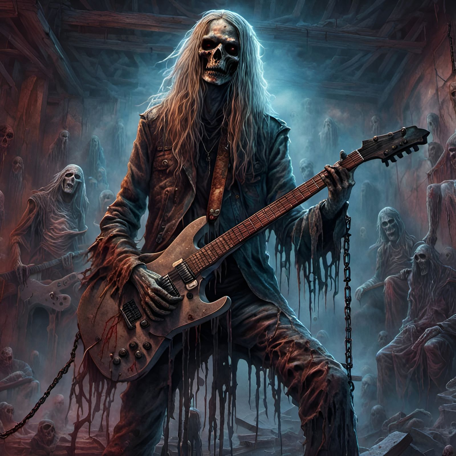 Rocker Zombie with Guitar in Creepy Magazine Style
