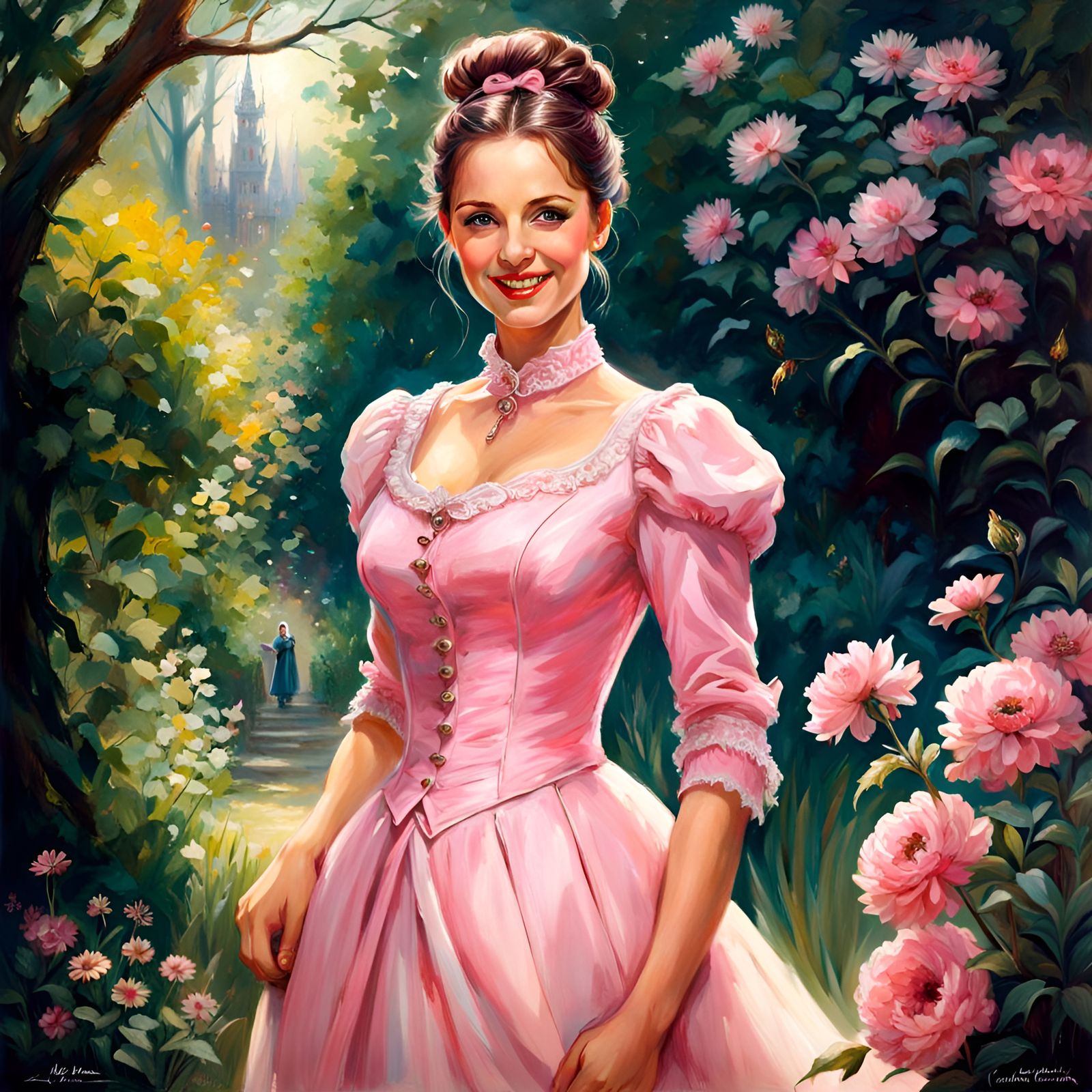 Elegant Woman in Pink Victorian Dress in Mystic Garden