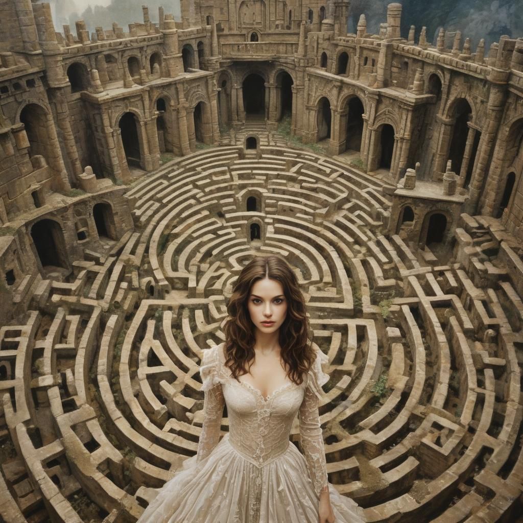 Woman in Labyrinth: Baroque Woodcut Portrait