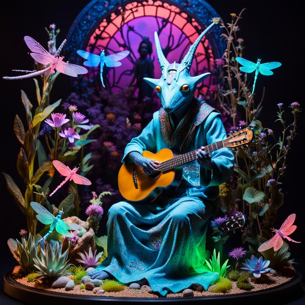 Neon-Noir Diorama: Sawfish Man Serenades Dragonfly Princess