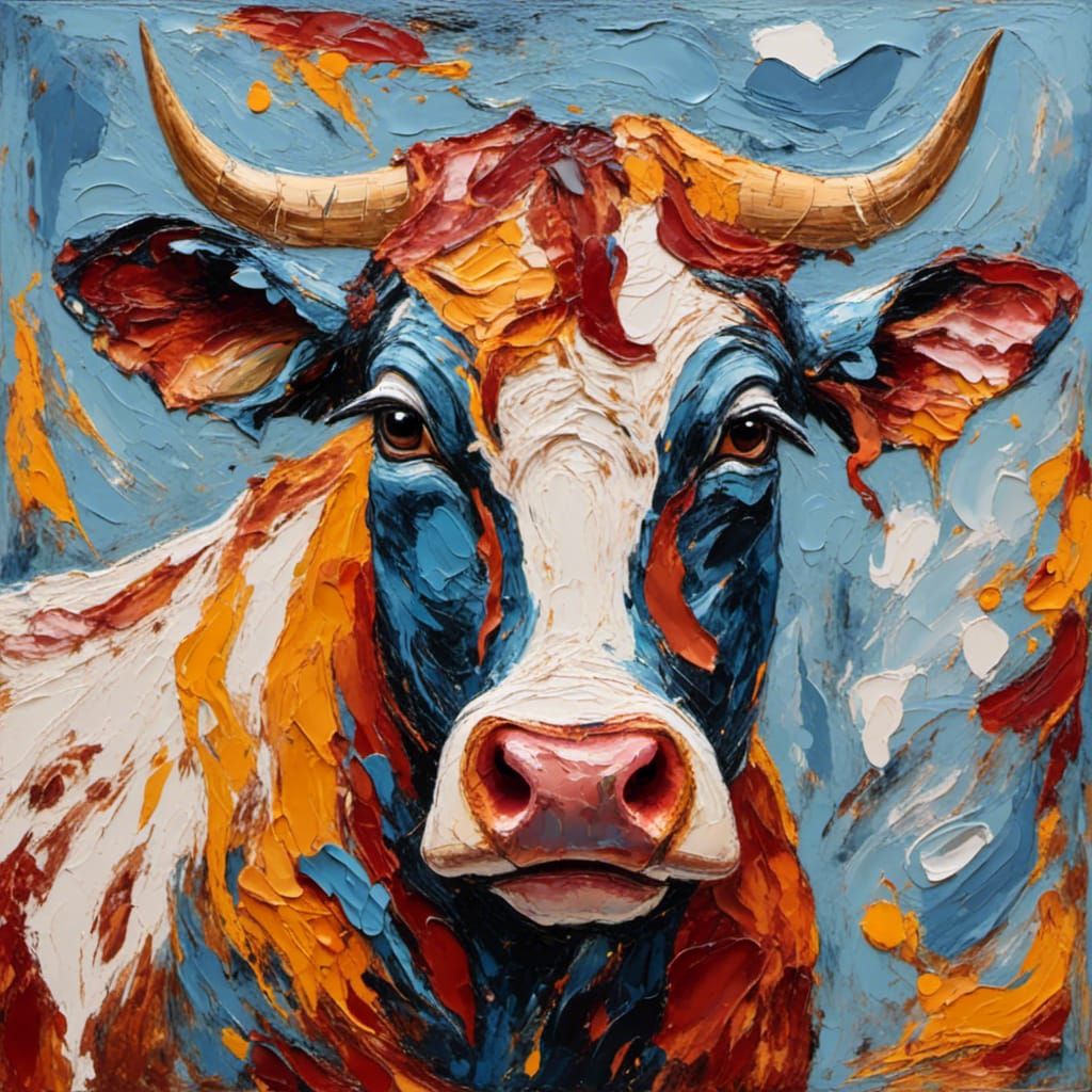 Bacon Patterned Cow Gazing in Abstract Impasto Painting