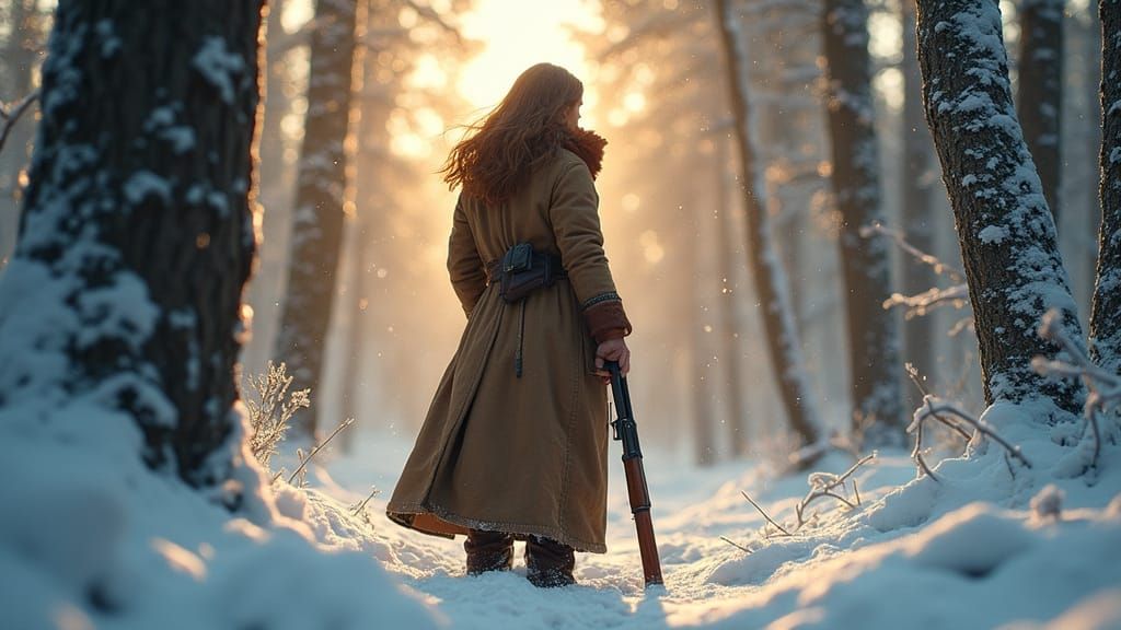 Mature Woman in Earth-Toned Coat Stands in Snowy Forest