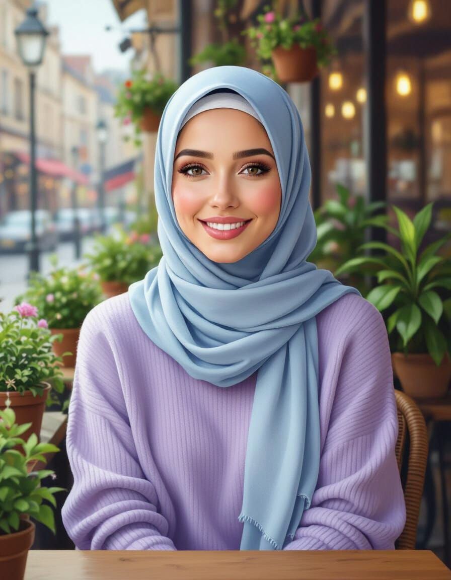 Elegant Hijabi Woman in Cozy Cafe, Oil Painting
