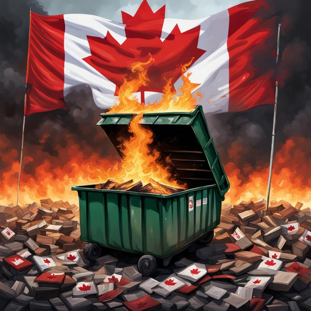 Sinister Image of Canadian Flag and Dumpster Fire