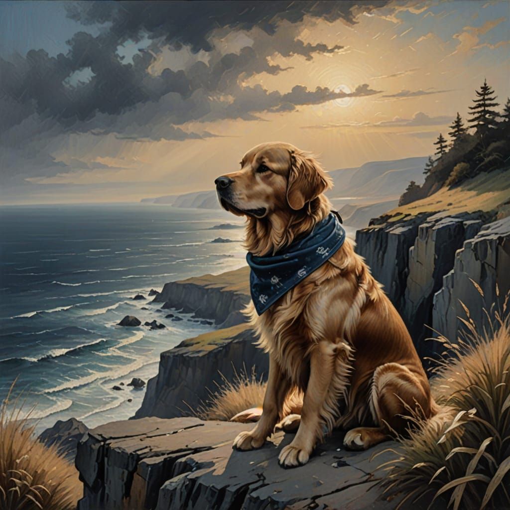 Golden Retriever on Cliff Overlooking Moody Ocean