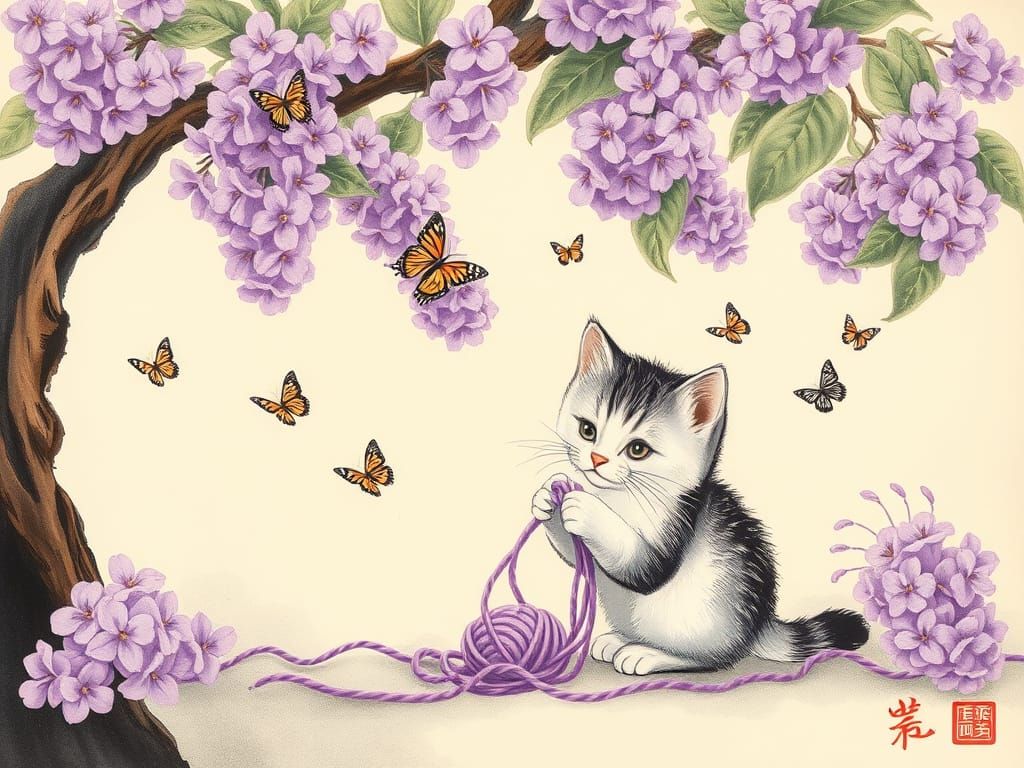 Whimsical Kitten Play in Vibrant Japanese Garden