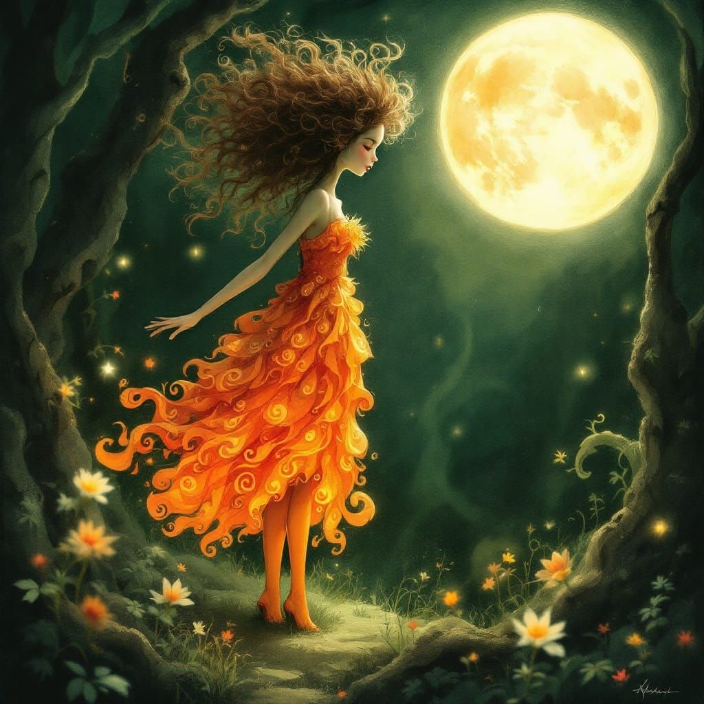 Enchanted Fairy Teaches Ethereal Scene in Vibrant Orange Ruf...