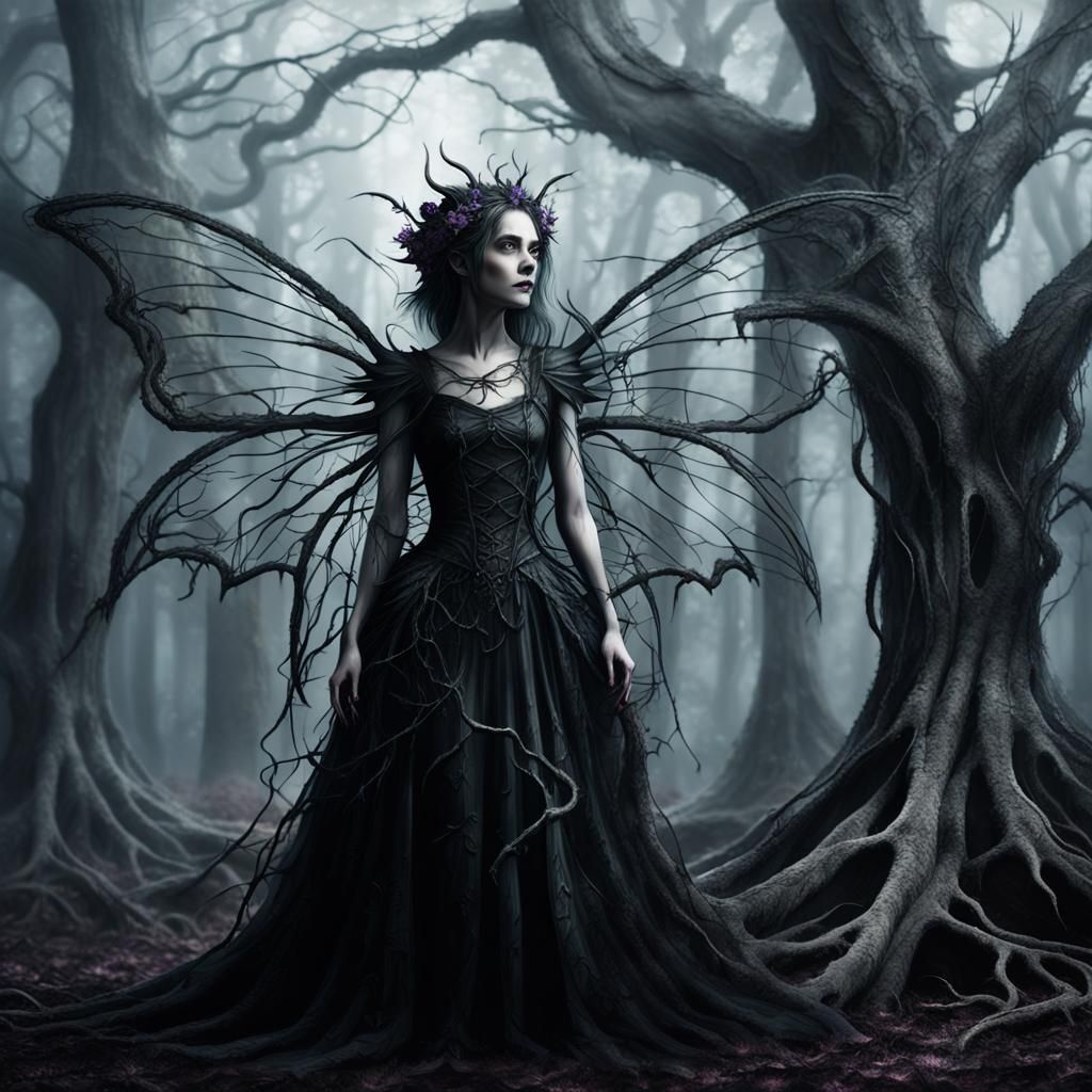Dark Fairy in Misty Forest: Gothic Fantasy Illustration