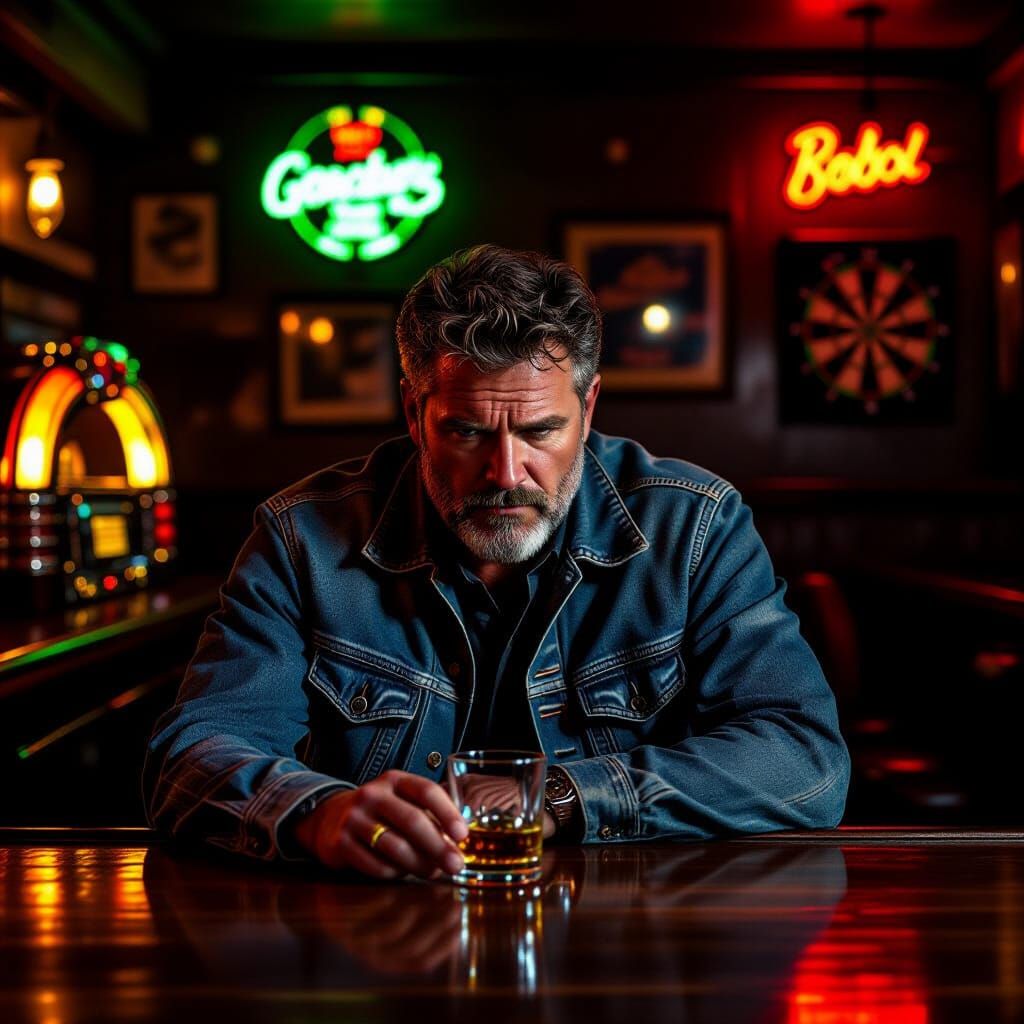 Man at Bar Lost in Thought, Photorealistic Style