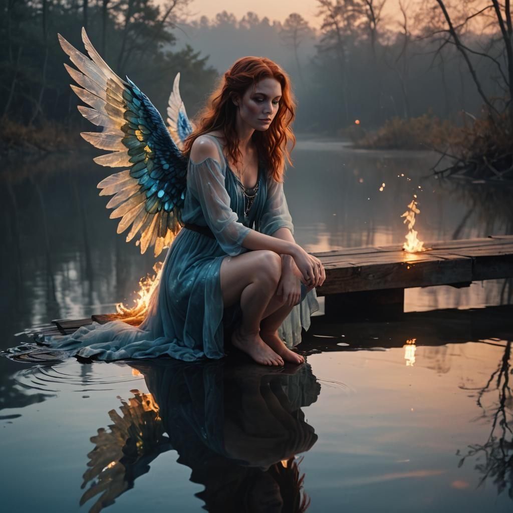 Auburn Woman with Blue Fire Wings