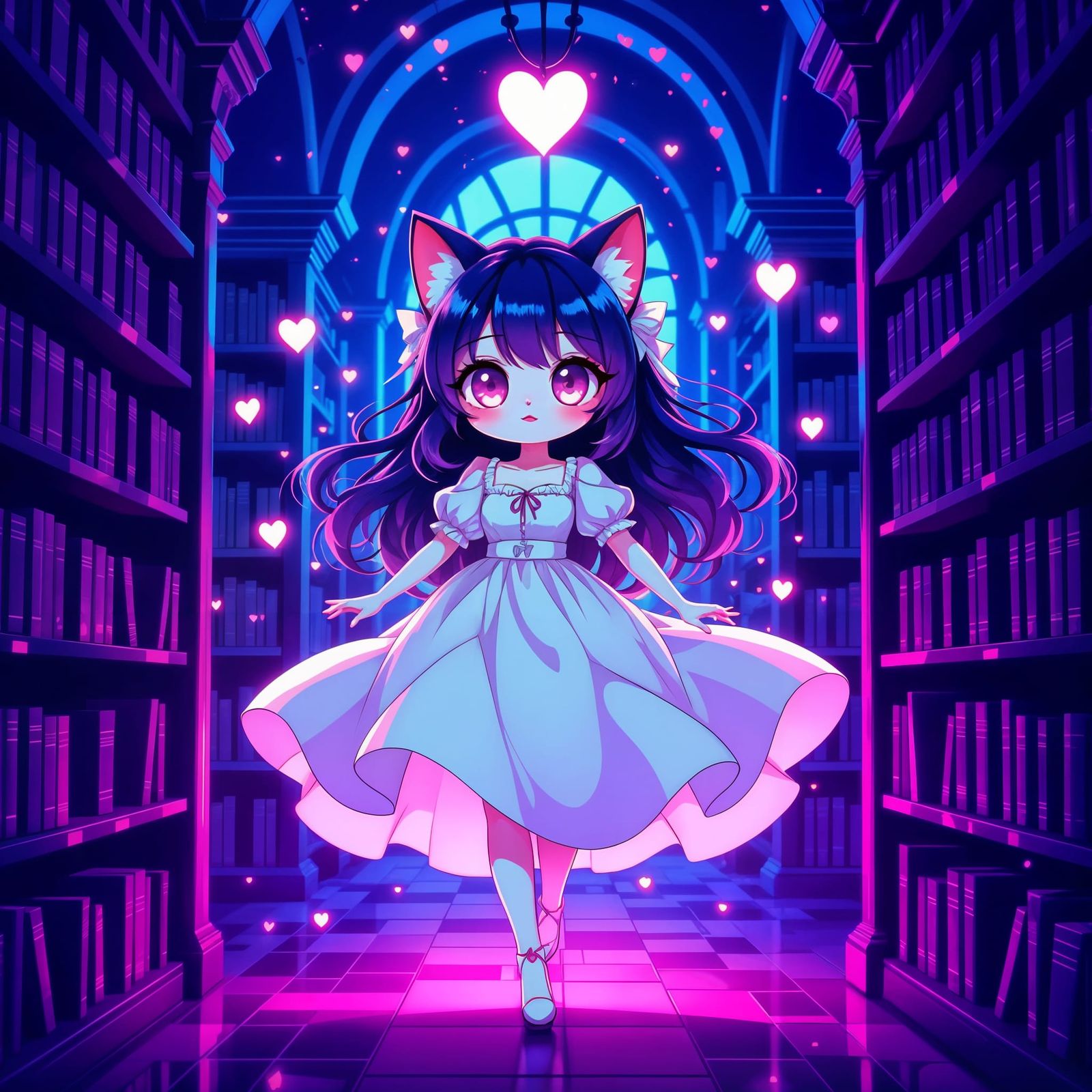 Neon Library Ghost Catgirl in Synthwave Style