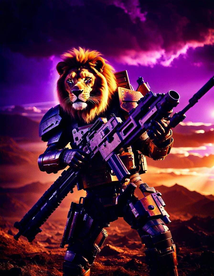 Armored Lion Warrior on Dystopian Planet in Cinematic Style