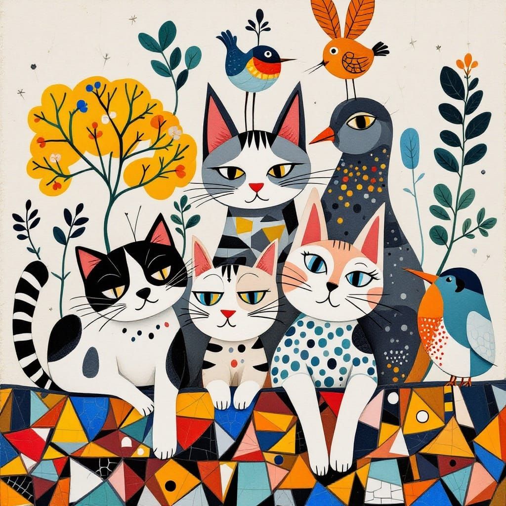 Whimsical Animal Menagerie on Colorful Roof in Folk-Art Styl...