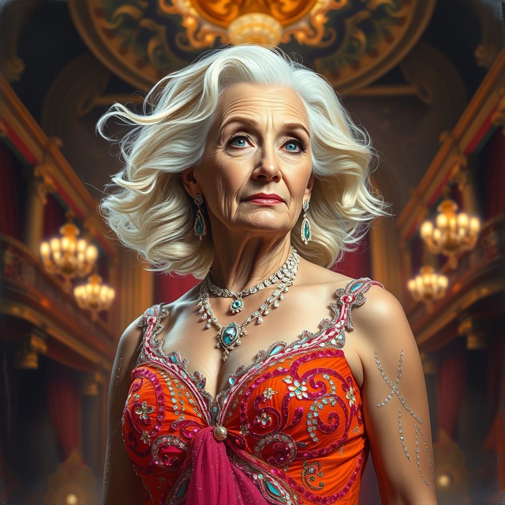 Elegant Portrait of a Transgender Woman in a Vibrant Theater...