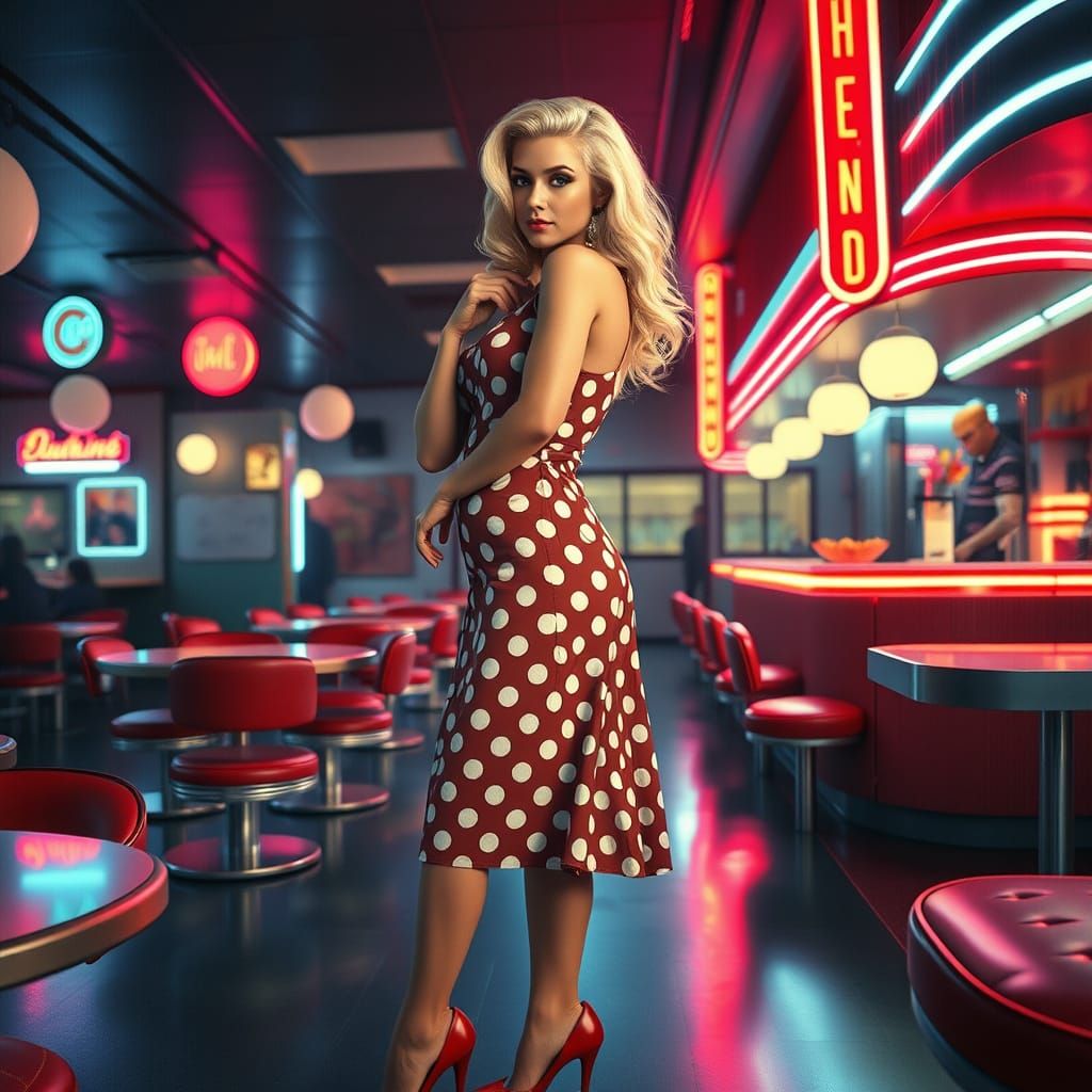 Retro Diner Pin-Up in Glitch Art Style