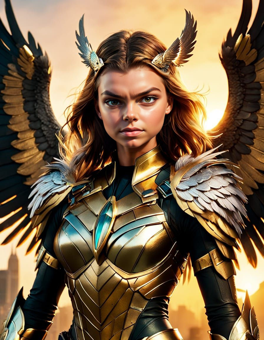 Feathered Winged Superheroine in Battle Armor