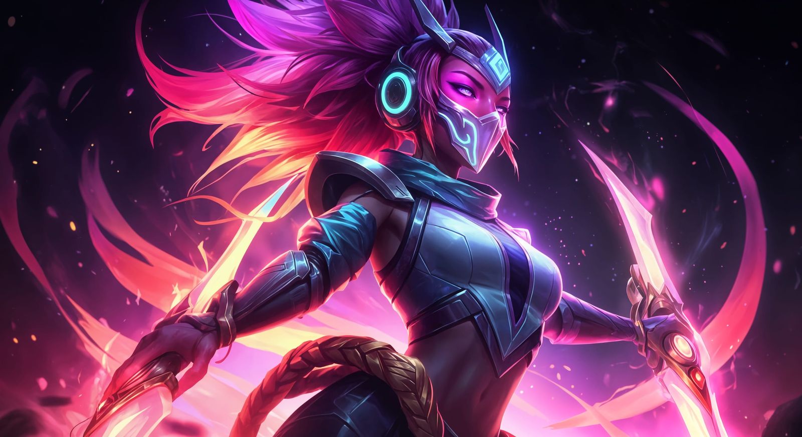 Empyrean Akali: Futuristic Warrior in a Cosmic Vortex