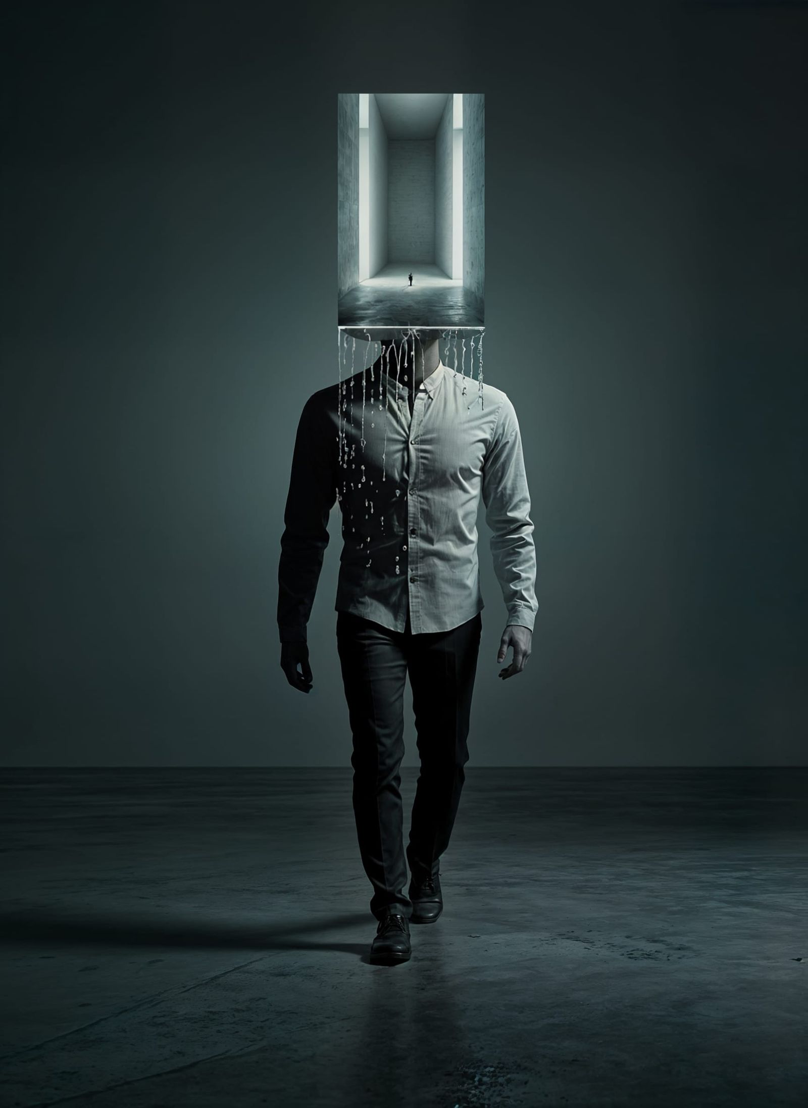 Surreal Man Walking in Liminal Space