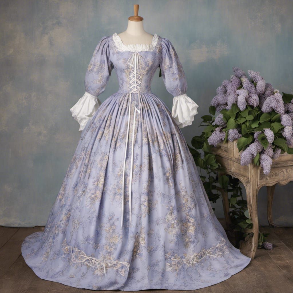 Blue Medieval Dress with Lilacs in Rococo Style