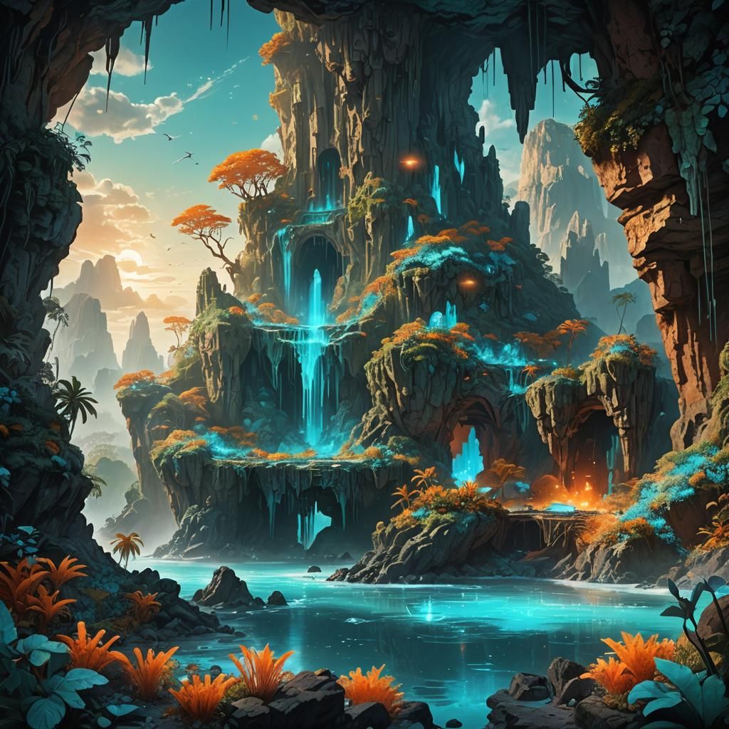 Mysterious Island in Bioluminescent Cave: Matte Painting