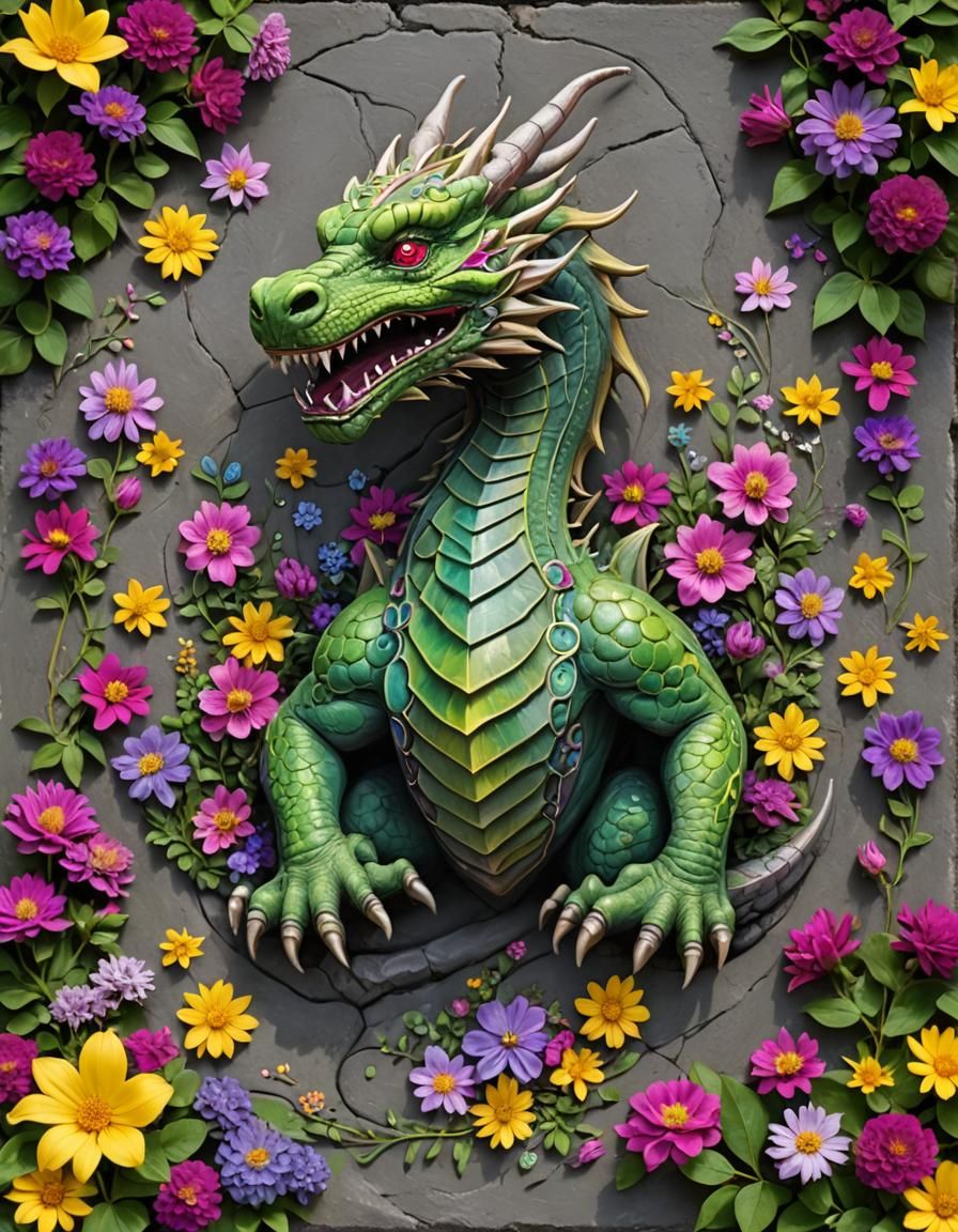 Gemstone Dragon Chalk Art on Stone Walkway