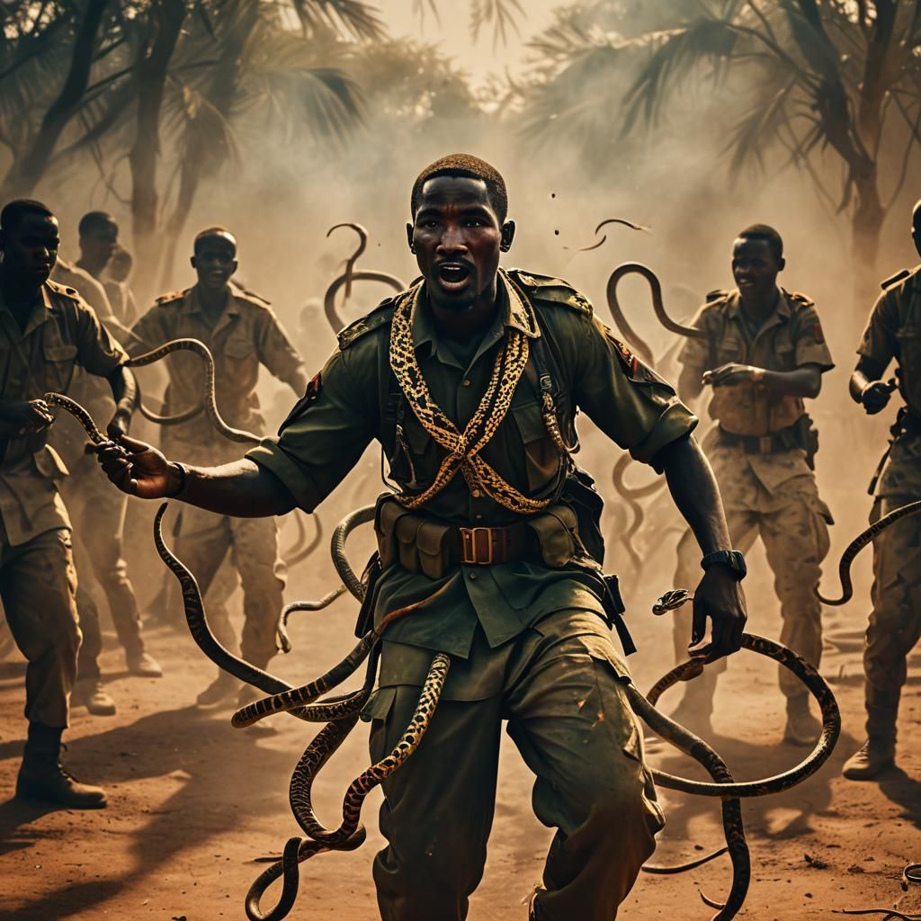 African Soldier Dancing with Snakes: Cinematic Still