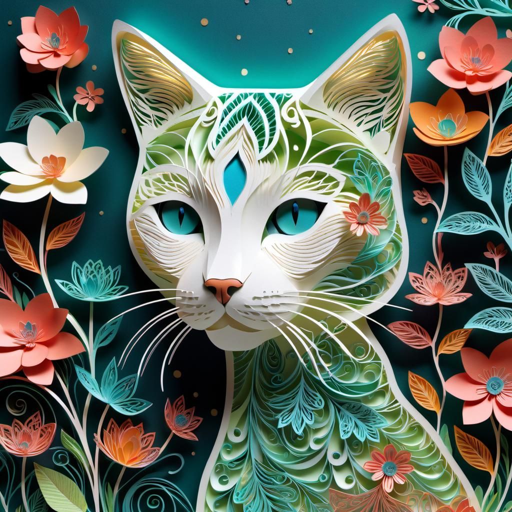 Cat Filigree Garden in 3D Paper Art