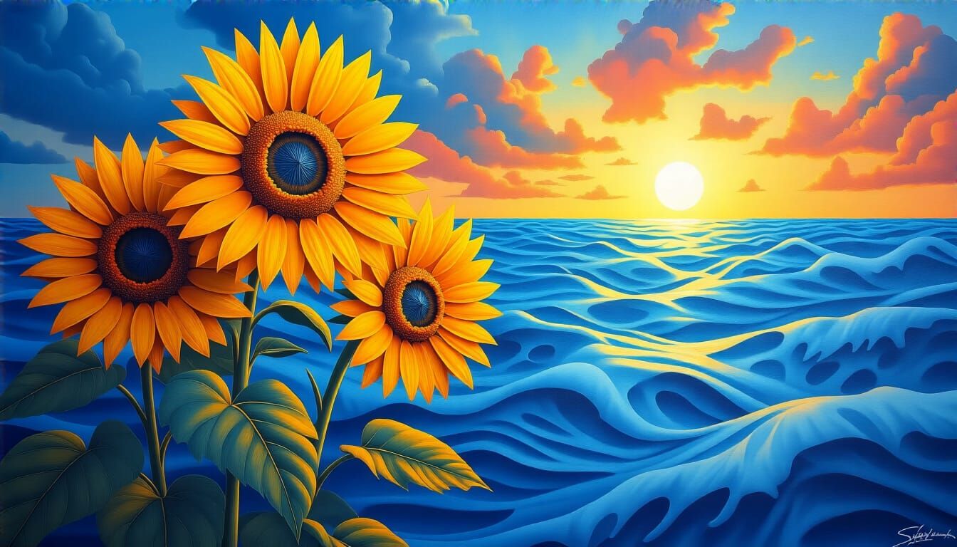 Sunflowers Meet the Ocean: A Vibrant Digital Painting
