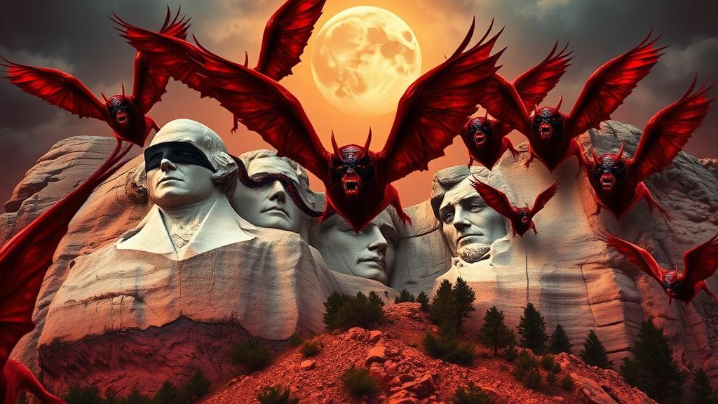 Demons Blindfold Mount Rushmore in Surreal Dreamscape