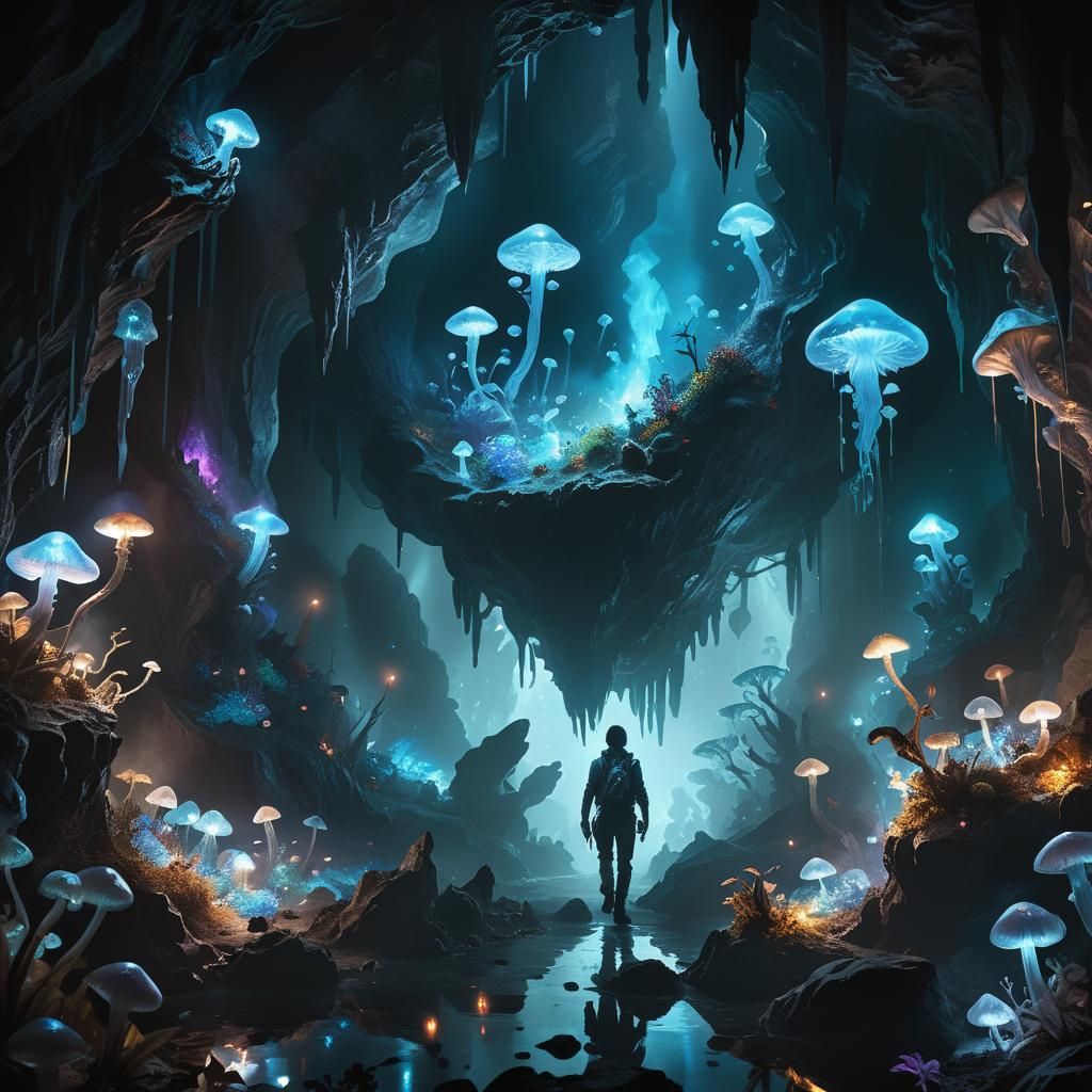 Bioluminescent Cavern: Fantasy Art in Purple and Yellow
