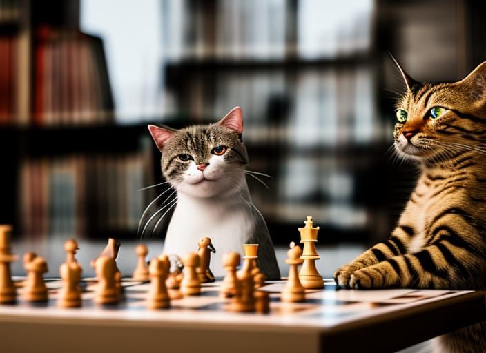 Cat and Robot Play Chess, Photorealistic Studio Lighting