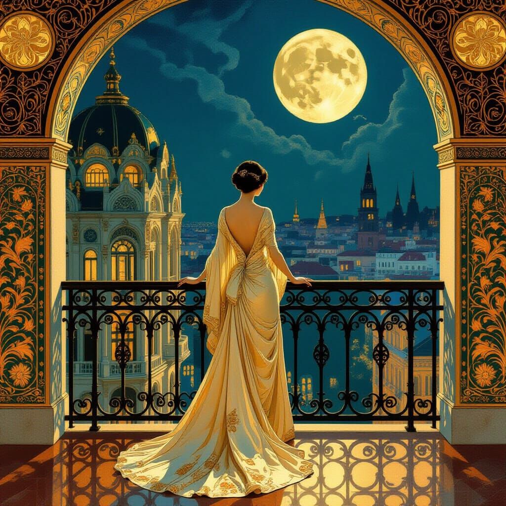 Figure in Silk Gown on Balcony Overlooking Moonlit Art Nouve...