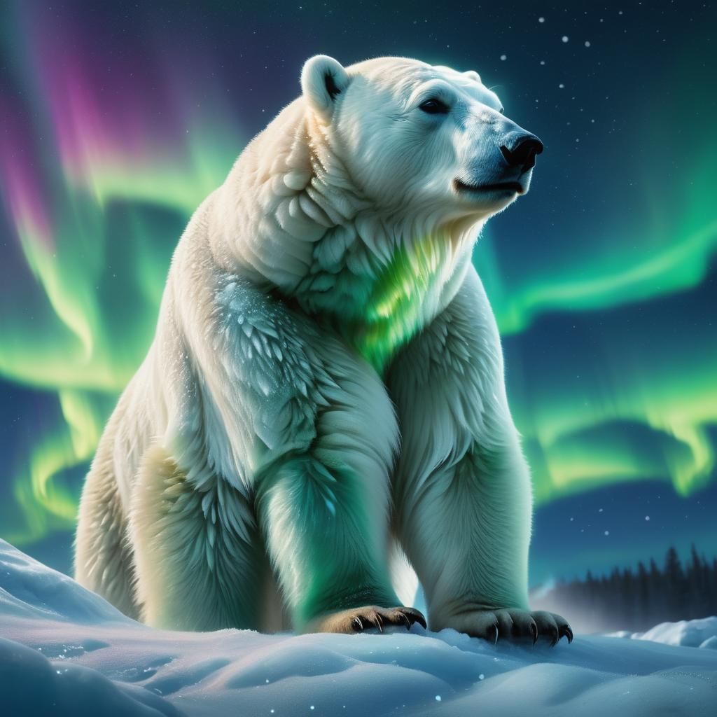 Northern Lights Polar Bear in Snowy Night