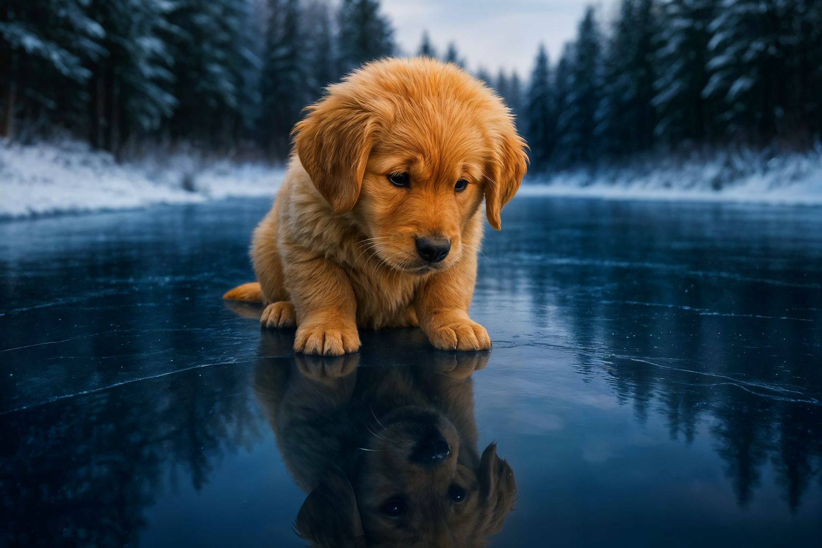 Golden Retriever Puppy and Winter Reflection in 8K