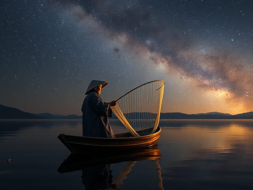 Ancient Fisherman Under Starry Night Skies