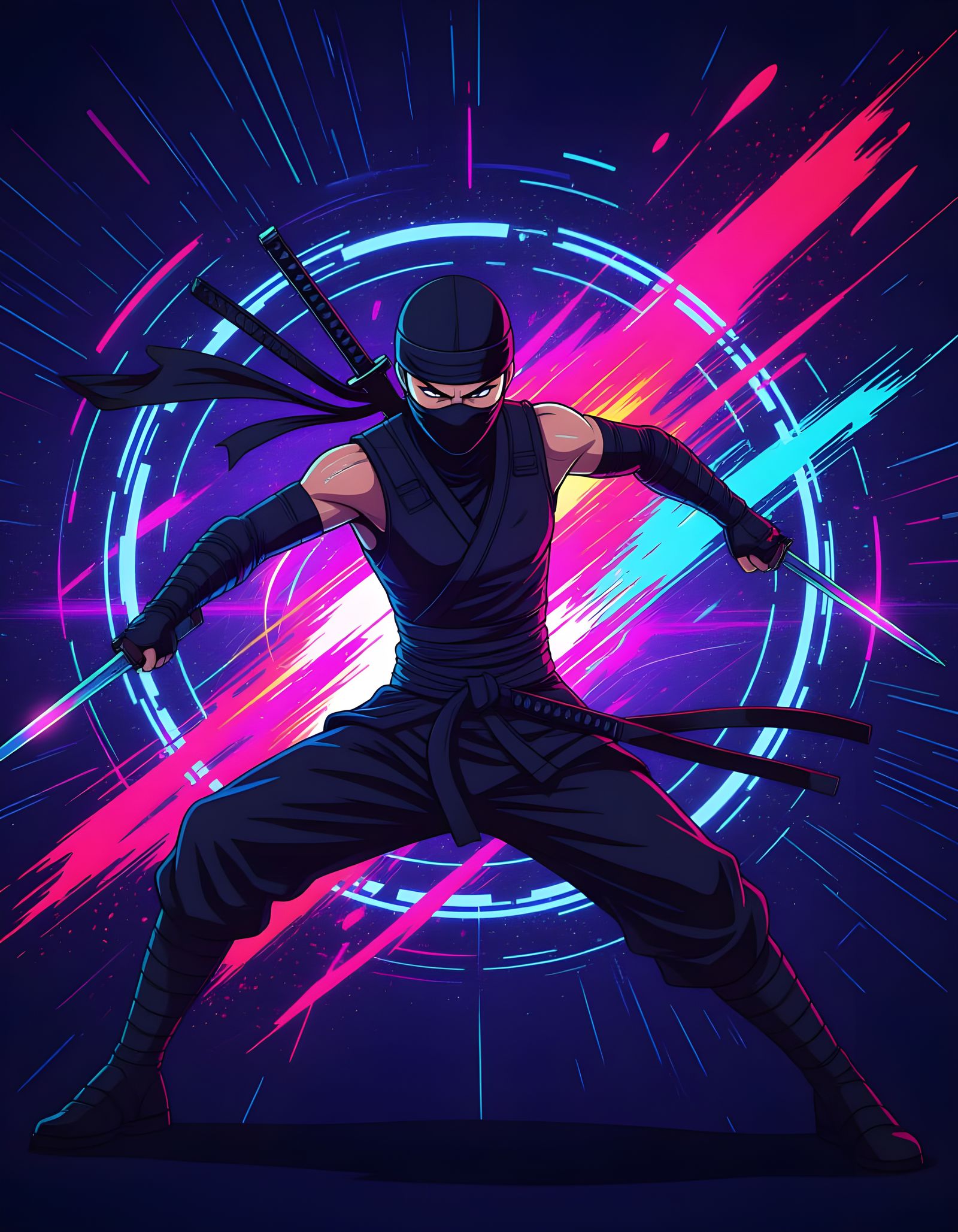 Ninja in Dynamic Pose with Neon Accents