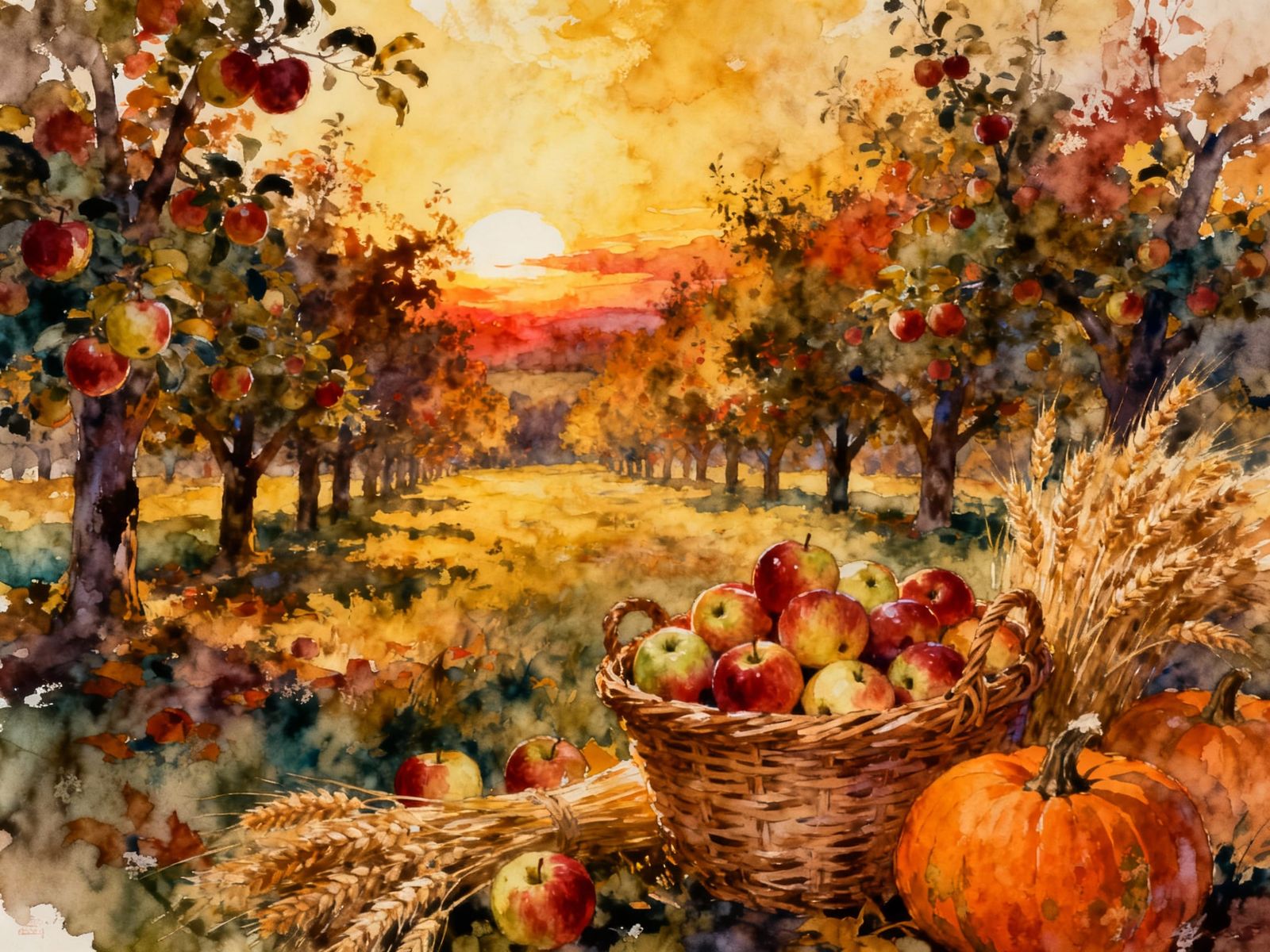 Autumn Harvest of Apples in Sunrise Orchard Oil Painting
