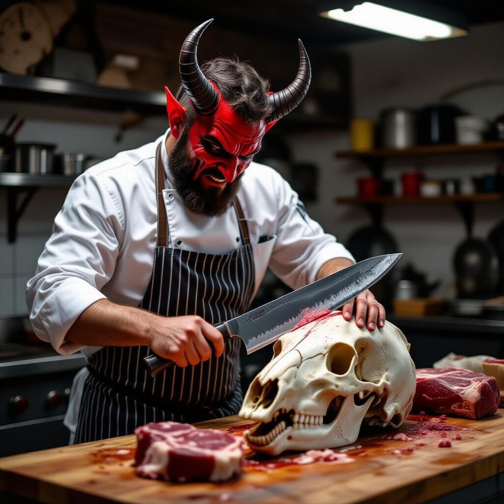 Butcher with Devil Mask Slices Horse Skull with Large Knife