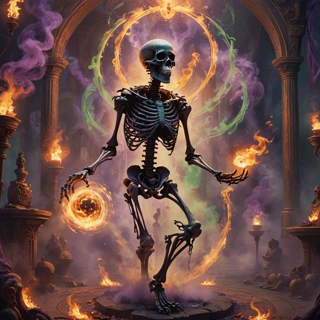 Surreal Fantasy Portal Scene with Skeleton Juggler