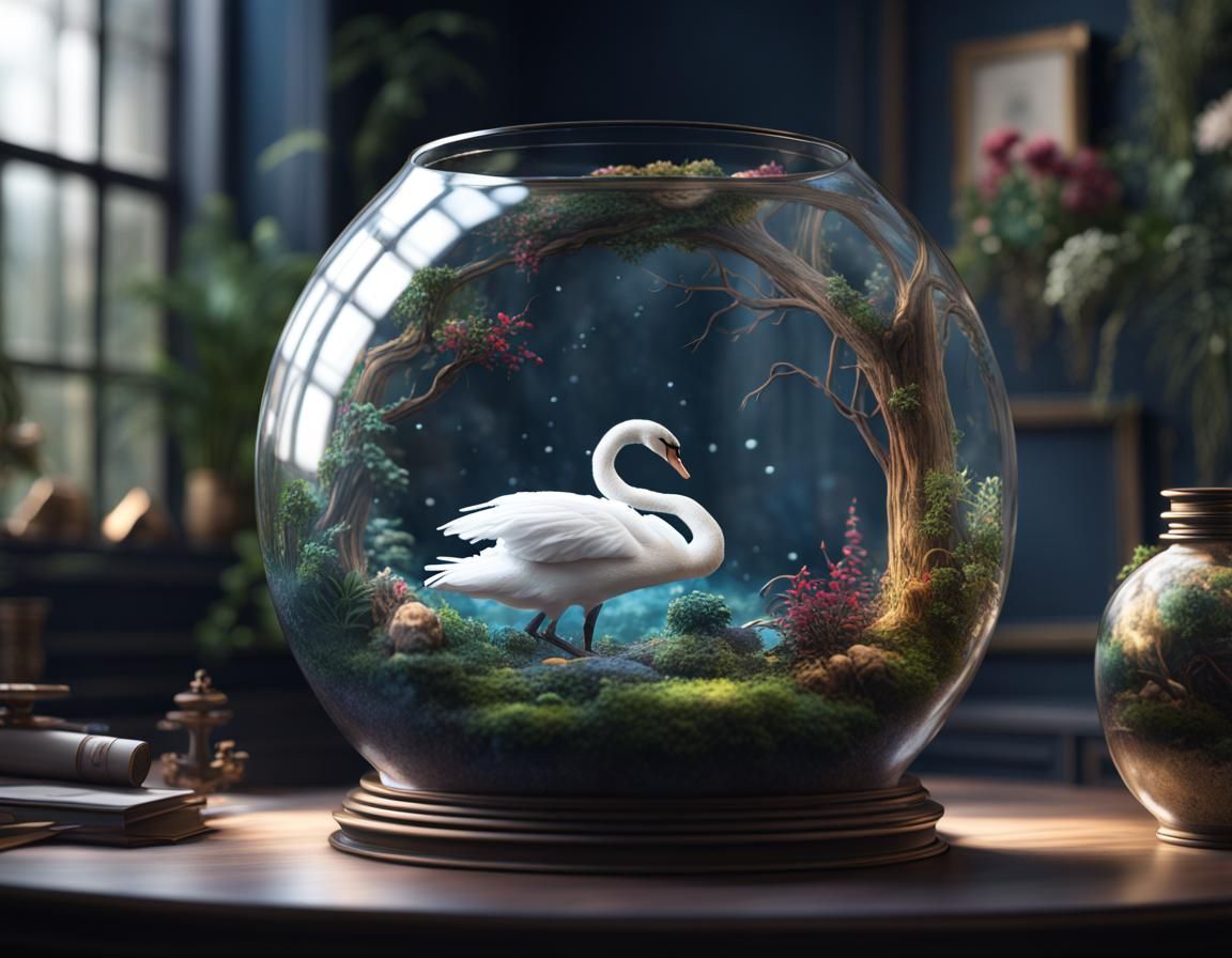 Swan Lake in Glass Terrarium: Detailed Matte Painting