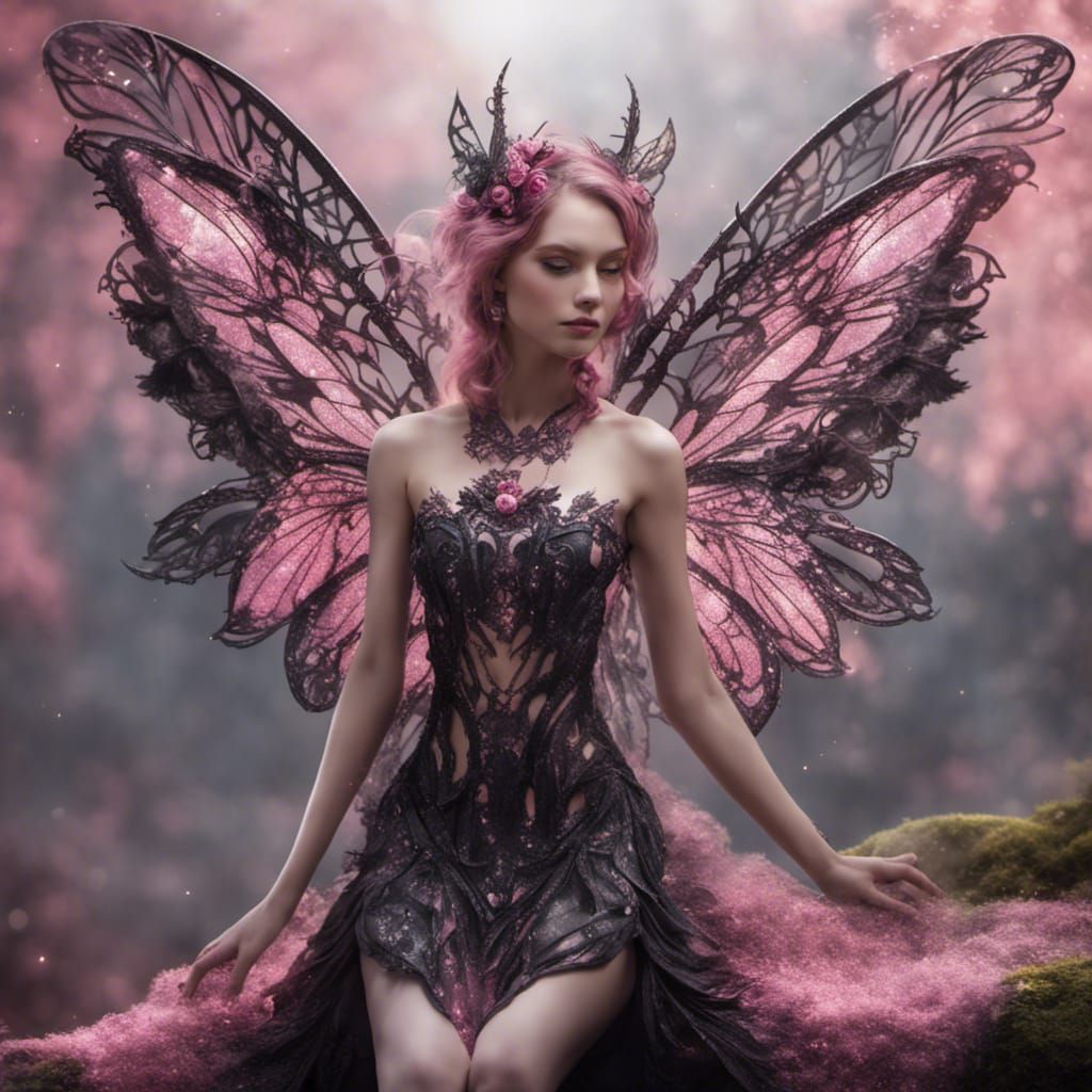 Glittercore Fairy with Intricate Black and Pink Wings