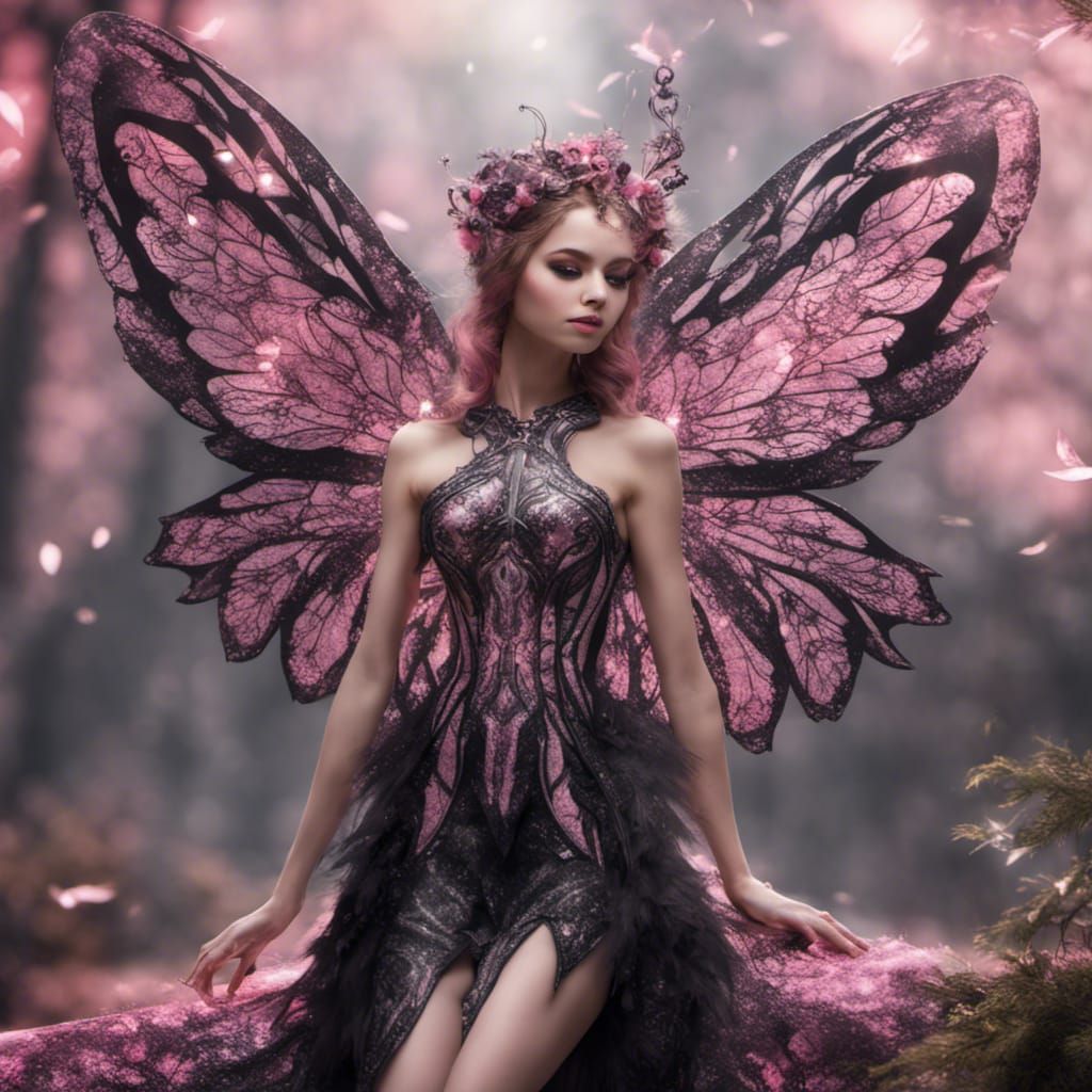 Glittercore Fairy with Intricate Pink and Black Wings