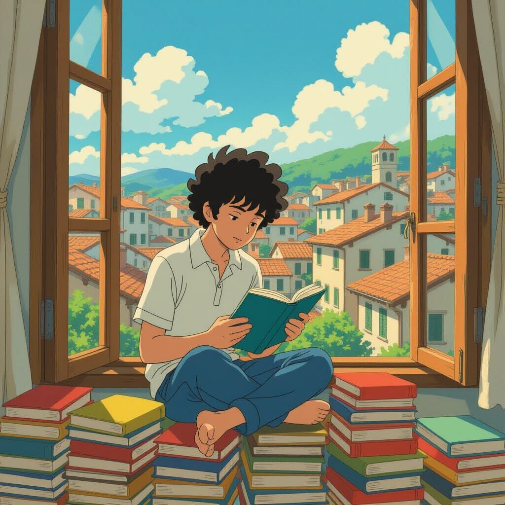 Italian Boy Studying in Ghibli Style